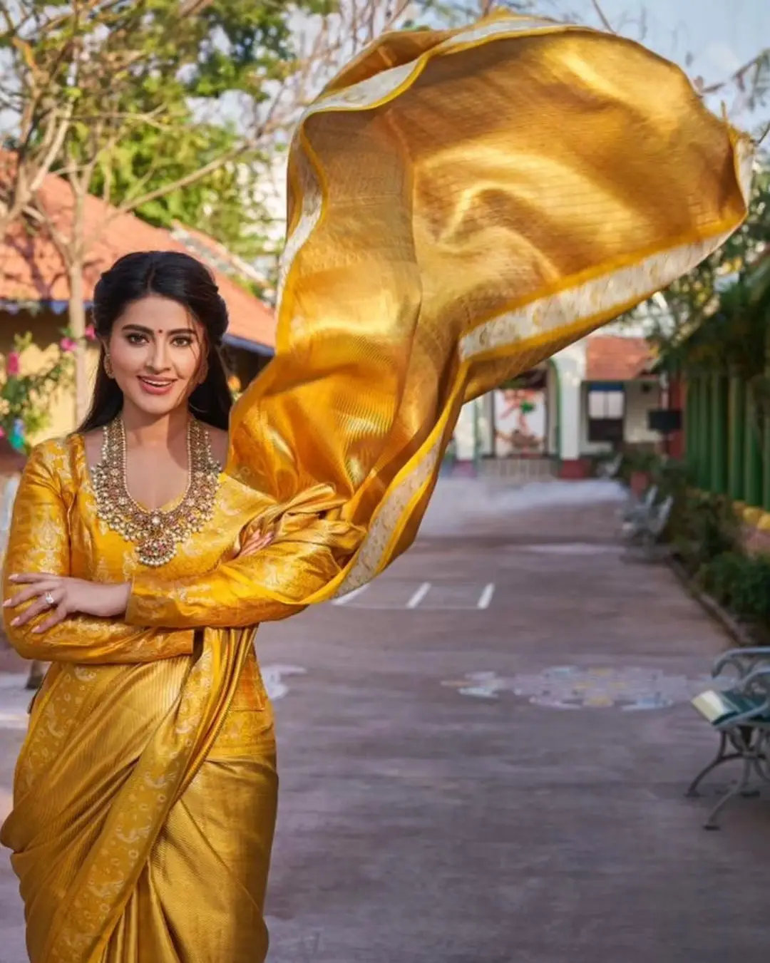 South Indian Girl Sneha In Traditional Yellow Saree Blouse